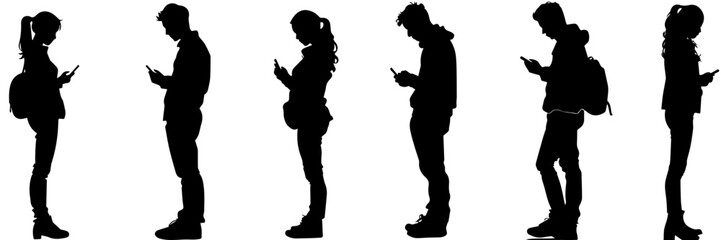 People holding using mobile phones set Characters with smartphones in hands Men women use cellphones surfing internet chatting Flat graphic vector illustrations black and white