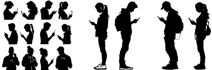 People holding using mobile phones set Characters with smartphones in hands Men women use cellphones surfing internet chatting Flat graphic vector illustrations black and white