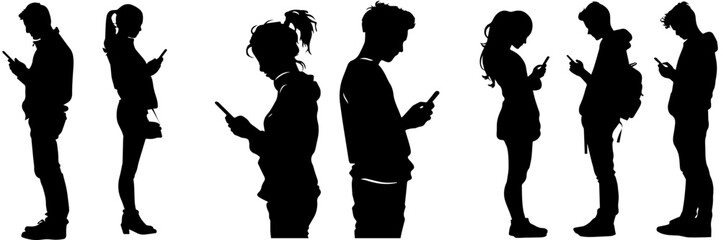 People holding using mobile phones set Characters with smartphones in hands Men women use cellphones surfing internet chatting Flat graphic vector illustrations black and white - obrazy, fototapety, plakaty