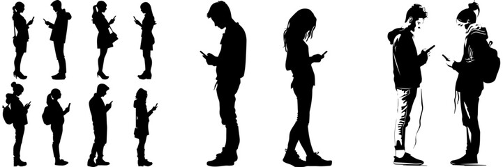 People holding using mobile phones set Characters with smartphones in hands Men women use cellphones surfing internet chatting Flat graphic vector illustrations black and white