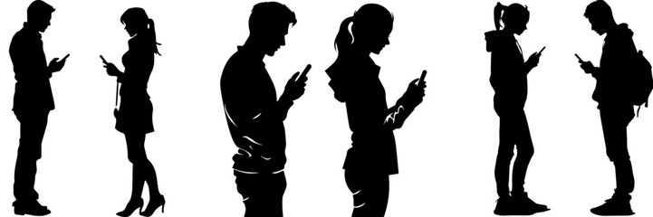 People holding using mobile phones set Characters with smartphones in hands Men women use cellphones surfing internet chatting Flat graphic vector illustrations black and white