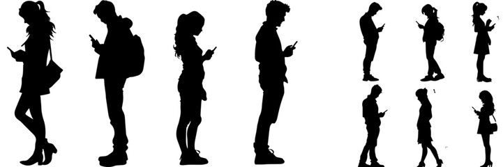 People holding using mobile phones set Characters with smartphones in hands Men women use cellphones surfing internet chatting Flat graphic vector illustrations black and white