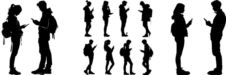 People holding using mobile phones set Characters with smartphones in hands Men women use cellphones surfing internet chatting Flat graphic vector illustrations black and white