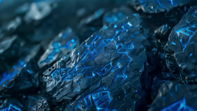 Blue luminous runes and patterns on black stone. The style of the northern barbarians, the mythology of the northern peoples. Generative AI