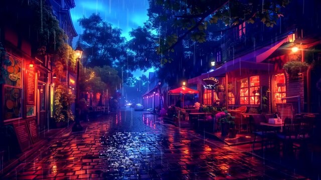 Cozy cafe in the evening with soothing rainy atmosphere. seamless looping 4k time-lapse animation video background