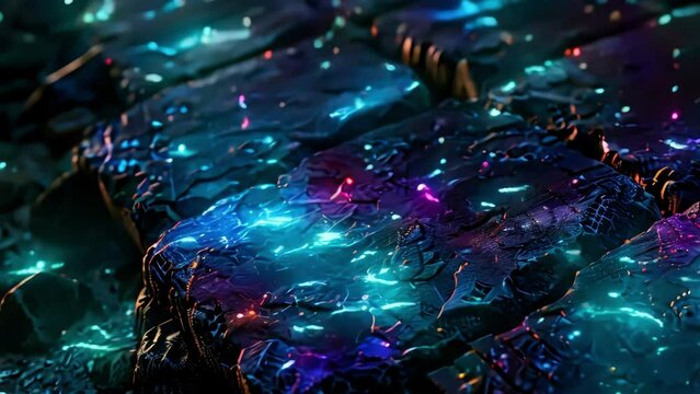 Blue luminous runes and patterns on black stone. The style of the northern barbarians, the mythology of the northern peoples. Generative AI