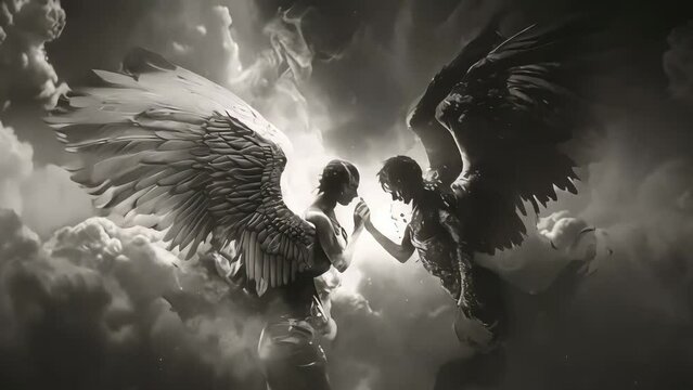 The eternal dance between good and evil is captured in a single, breathtaking moment of embracing in the sky. Generative AI