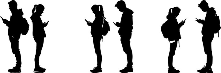People holding using mobile phones set Characters with smartphones in hands Men women use cellphones surfing internet chatting Flat graphic vector illustrations black and white