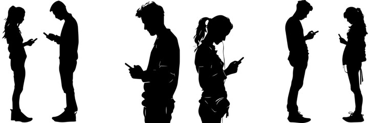 People holding using mobile phones set Characters with smartphones in hands Men women use cellphones surfing internet chatting Flat graphic vector illustrations black and white