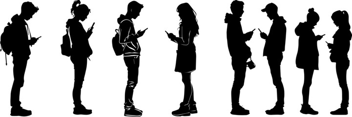 People holding using mobile phones set Characters with smartphones in hands Men women use cellphones surfing internet chatting Flat graphic vector illustrations black and white