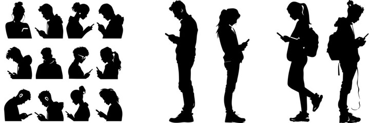 People holding using mobile phones set Characters with smartphones in hands Men women use cellphones surfing internet chatting Flat graphic vector illustrations black and white