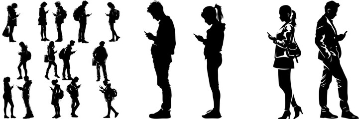 People holding using mobile phones set Characters with smartphones in hands Men women use cellphones surfing internet chatting Flat graphic vector illustrations black and white