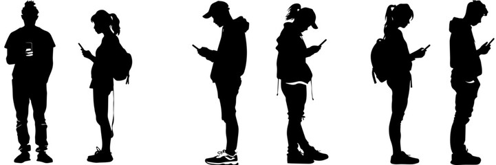 People holding using mobile phones set Characters with smartphones in hands Men women use cellphones surfing internet chatting Flat graphic vector illustrations black and white