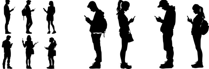 People holding using mobile phones set Characters with smartphones in hands Men women use cellphones surfing internet chatting Flat graphic vector illustrations black and white