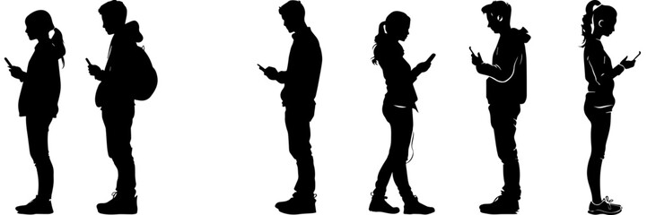 People holding using mobile phones set Characters with smartphones in hands Men women use cellphones surfing internet chatting Flat graphic vector illustrations black and white