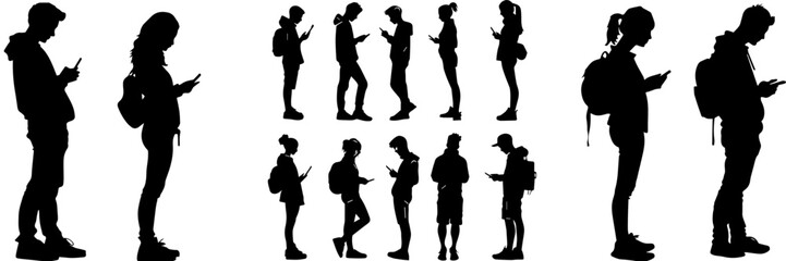 People holding using mobile phones set Characters with smartphones in hands Men women use cellphones surfing internet chatting Flat graphic vector illustrations black and white - Powered by Adobe