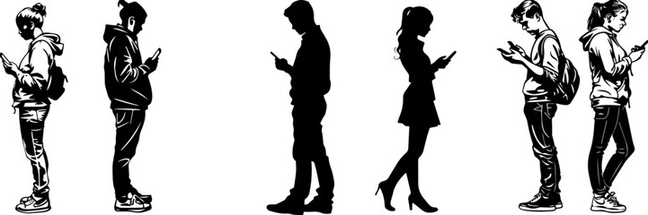 People holding using mobile phones set Characters with smartphones in hands Men women use cellphones surfing internet chatting Flat graphic vector illustrations black and white