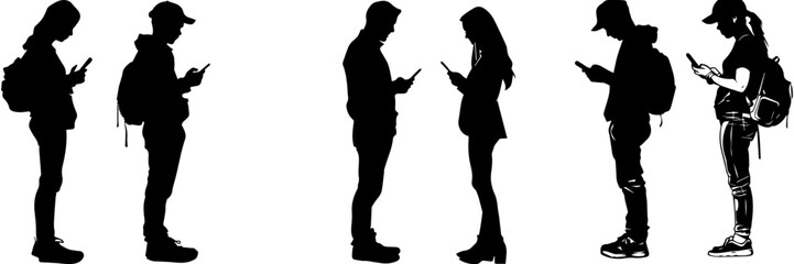 People holding using mobile phones set Characters with smartphones in hands Men women use cellphones surfing internet chatting Flat graphic vector illustrations black and white