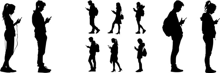 People holding using mobile phones set Characters with smartphones in hands Men women use cellphones surfing internet chatting Flat graphic vector illustrations black and white