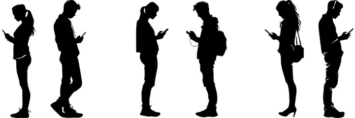 People holding using mobile phones set Characters with smartphones in hands Men women use cellphones surfing internet chatting Flat graphic vector illustrations black and white