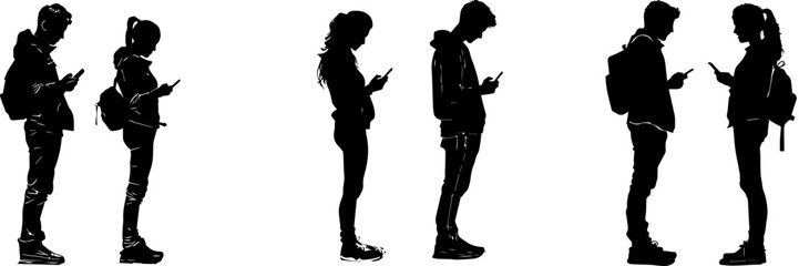 People holding using mobile phones set Characters with smartphones in hands Men women use cellphones surfing internet chatting Flat graphic vector illustrations black and white