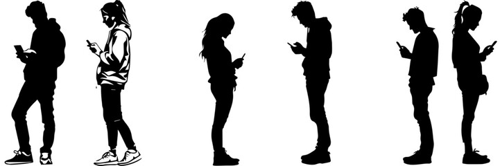 People holding using mobile phones set Characters with smartphones in hands Men women use cellphones surfing internet chatting Flat graphic vector illustrations black and white