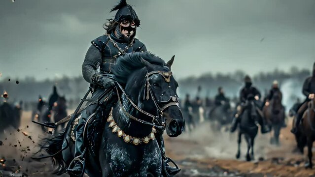 a warrior on a black horse galloping in the heat of battle. Generative AI