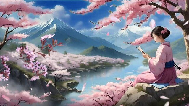 Seamless Time-Lapse Animation: Woman Painting Cherry Blossoms on Tree
