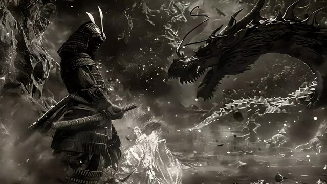 A samurai prepares for a battle with a dragon. Black and white photo. Generative AI