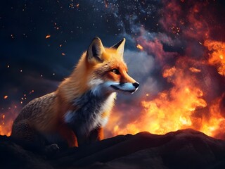Fire in the background, velvet fur on a fox, explosions, midnight, sky, small fox Generative AI