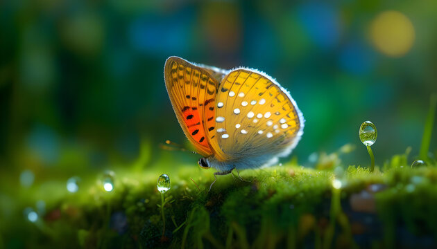 A close-up photo of a butterfly on a mossy surface with a moonlit background