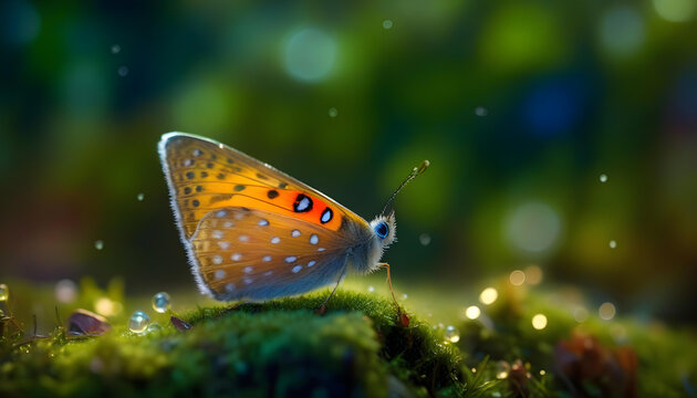 A close-up photo of a butterfly with dew drops on its wings, surrounded by various plants.