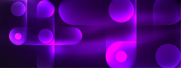Abstract design pulsates with neon glowing light effects, casting an entrancing glow in the darkness, captivating the eye with its vibrant energy. Glass circles neon glowing light effects