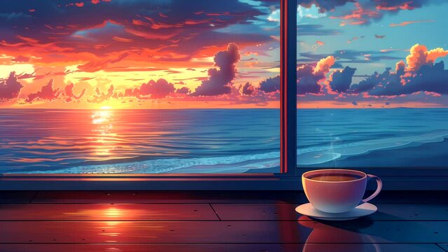 Coffee at cafe table with ocean view at sunset. seamless looping 4k time-lapse animation video background
