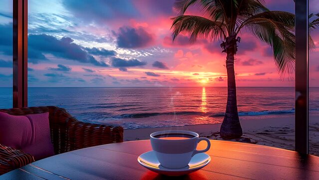Coffee at cafe table with ocean view at sunset. seamless looping 4k time-lapse animation video background