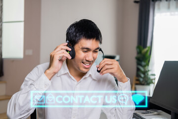 call center man asian caucasian Smiling, happy to work in stock trading. for customers to be successful He consultant and calculate income with calculator delighted raised hands satisfaction