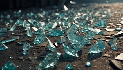 Blue Abstract glass shattered or litter due to unexpected disruption, tension, urgency, chaos