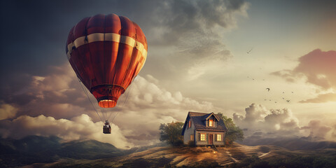 hot air balloon over region country, A red hot air balloon flying over a house, Flying house with hot air balloon, Generative AI