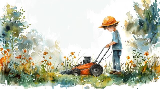 cute boy mow the lawn clipart watercolor illustration