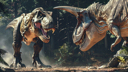 Two angry tyrannosaurus rex are preparing for fighting in prehistoric forest - obrazy, fototapety, plakaty