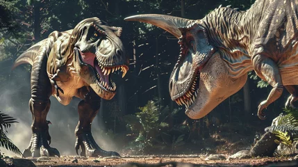 Poster Two angry tyrannosaurus rex are preparing for fighting in prehistoric forest © stockdevil