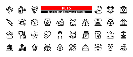 36 Pet Line Icons Set Pack Editable Stroke Vector Illustration. - Powered by Adobe