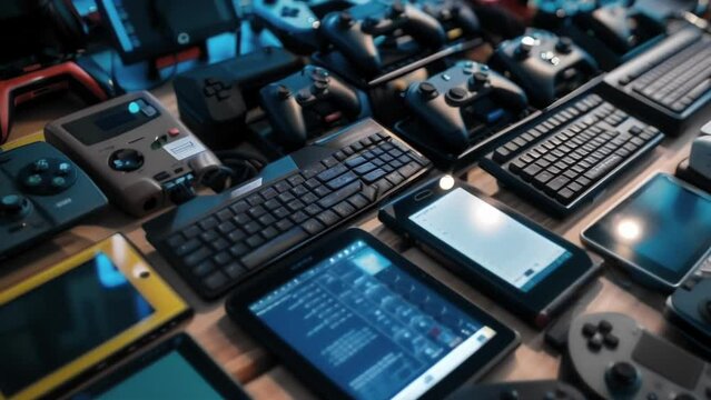 Closeup of a table filled with a variety of gaming devices from consoles to handheld devices. On one of the screens lines of coding can be seen as the device is being tested.