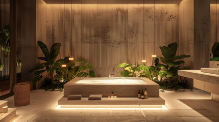 Luxurious minimalist spa bathroom with bathtub, natural stone finishing and ambient lighting