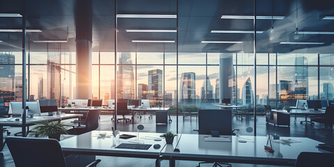 interior of modern office building, Blurry office building interior background, A modern office with large glass windows , Generative AI