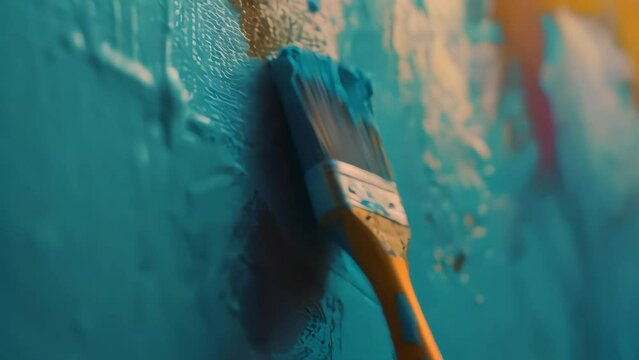 A brush dipped in blue paint paints the wall. repair with your own hands in the house and apartment. Generative AI