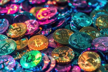 Fototapeta na wymiar Gold Bitcoin Coin on Colorful Background. Cryptocurrency bitcoin Stacks, Neon Light glowing, Shiny Bokeh Glittering Virtual Money Close Up. Copy Space for Banner, Poster, Bitcoin Card, Wallpaper