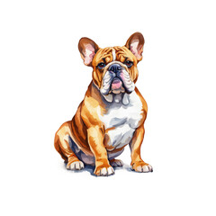 Fototapeta premium Bulldog watercolor illustration playful happy bulldog, cute dog breed, animal pet, domestic animal, vector illustration clipart, cutout on white background, dog illustration for ad promotion