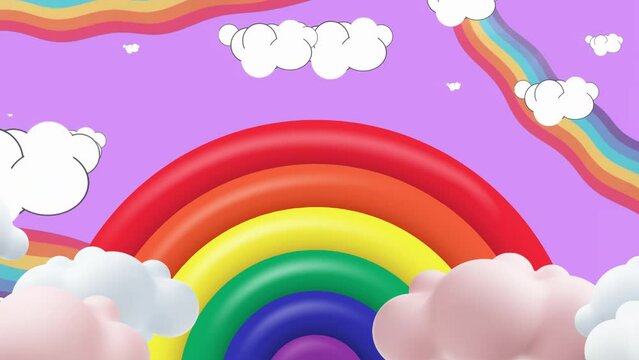 Colorful magic rainbow and pink and white fluffy clouds animation