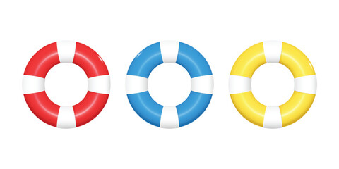 Lifebuoy for swimming during the summer. There are 3 colors: red, blue, yellow, vector 3d illustration isolated for summer concept design, vector for advertising design
